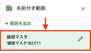 名前付き範囲に名前が設定された